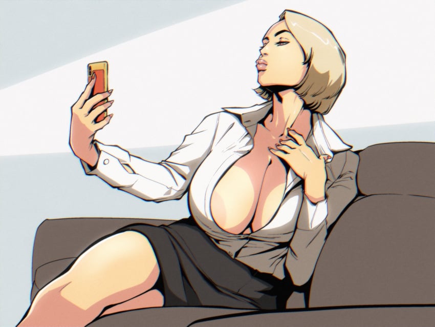 1girls 2023 areola_slip balak big_breasts blonde_hair breasts chromatic_aberration clavicle cleavage collared_shirt huge_breasts light-skinned_female miniskirt nail_polish no_bra no_bra_under_clothes partially_unbuttoned phone short_hair skirt sofa solo_female taking_selfie