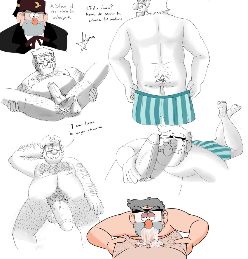 articraz_(artist) bara black_and_white body_hair boner boxers_(clothing) cum cum_in_ass cum_in_mouth erection flaccid gay glasses gravity_falls grunkle_stan hair horny male_only monochrome naked nude old_man stanley_pines sucking sucking_penis tagme_(artist)