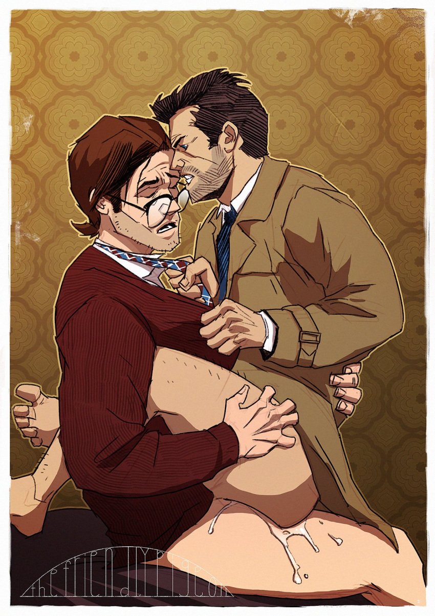 2boys actor anal anal_sex angel artist_signature ass bara beard beard_stubble black_hair brown_hair cardigan castiel castiel_(supernatural) celebrity closed_eyes cowgirl_position cum cum_in_ass cum_inside duo feet friskypigeon gay gay_anal gay_sex glasses hand_on_thigh hands_on_thighs holding_partner human in_character intense_sex jared_padalecki legs_around_partner light_skin long_hair looking_at_partner looking_pleasured male male/male male_only male_penetrated male_penetrating male_penetrating_male misha_collins orgasm orgasm_face penetration penile_penetration penis_in_ass sam_winchester sex shirt sitting sitting_on_person stubble supernatural_(series) tie trenchcoat tweed white_shirt yaoi