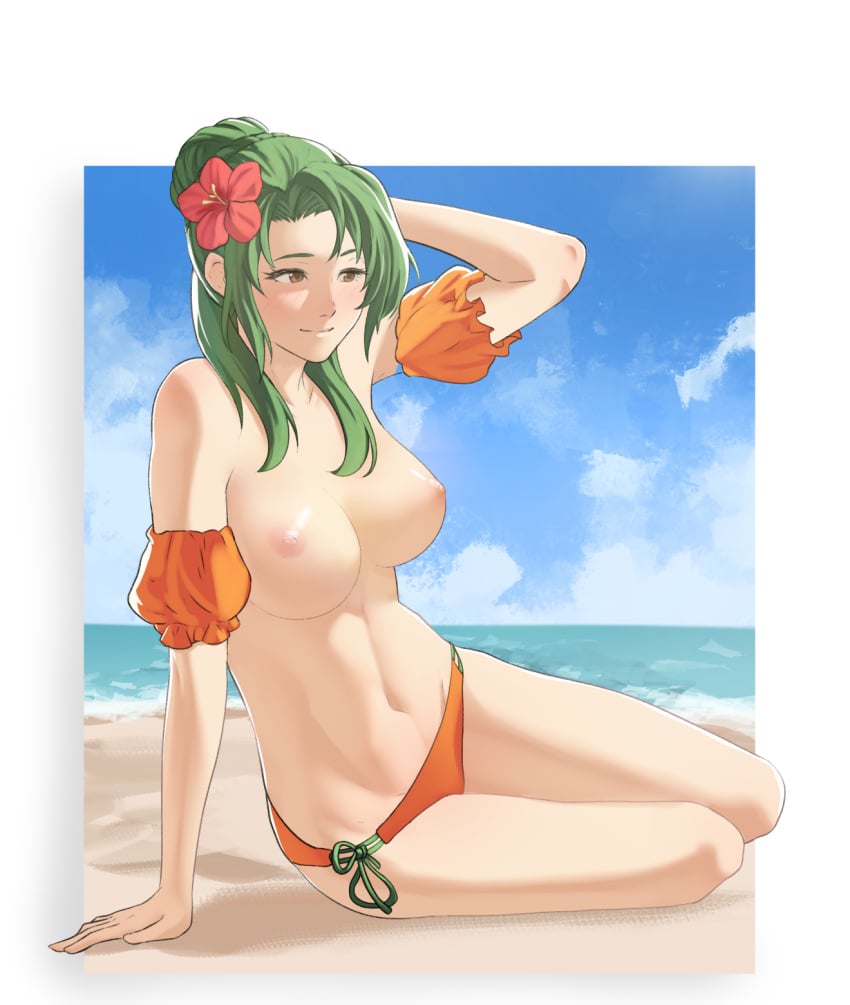 1girls alternate_costume beach bikini_bottom elincia_ridell_crimea elincia_ridell_crimea_(summer) fire_emblem fire_emblem:_radiant_dawn fire_emblem_heroes large_breasts nintendo nipples official_alternate_costume pomelomelon smile solo topless