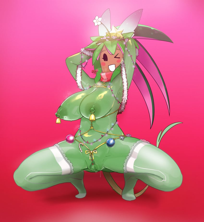 christmas christmas_outfit kanna_(blaster_master) mdthetest pierced_nipples presenting tagme