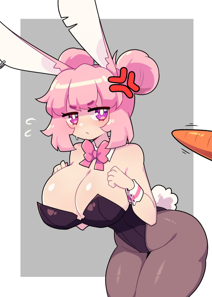 1girls anger_vein angry_face bent_over big_breasts bunny_ears bunny_girl bunny_tail bunnysuit carrot detached_collar easter female female_only hi_res j5daigada narrowed_eyes neck_ribbon ninnin_(daigada) pantyhose pink_eyes pink_hair solo thick_thighs tied_hair twin_buns wrist_cuffs