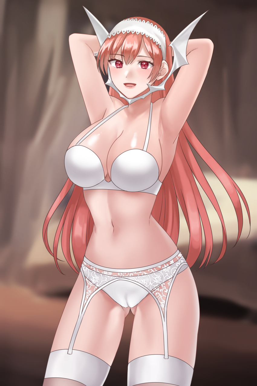 1girls :d absurdres ass_visible_through_thighs blurry blurry_background bra breasts cameltoe cherche_(fire_emblem) cleavage commentary_request cowboy_shot female female_only fire_emblem fire_emblem_awakening garter_belt hairband hazuki_(nyorosuke) highres indoors large_breasts long_hair looking_at_viewer navel nintendo open_mouth panties partially_visible_vulva pink_hair purple_eyes revealing_clothes smile solo standing stockings stomach thighhighs thighs underwear underwear_only very_long_hair white_bra white_hairband white_panties white_thighhighs