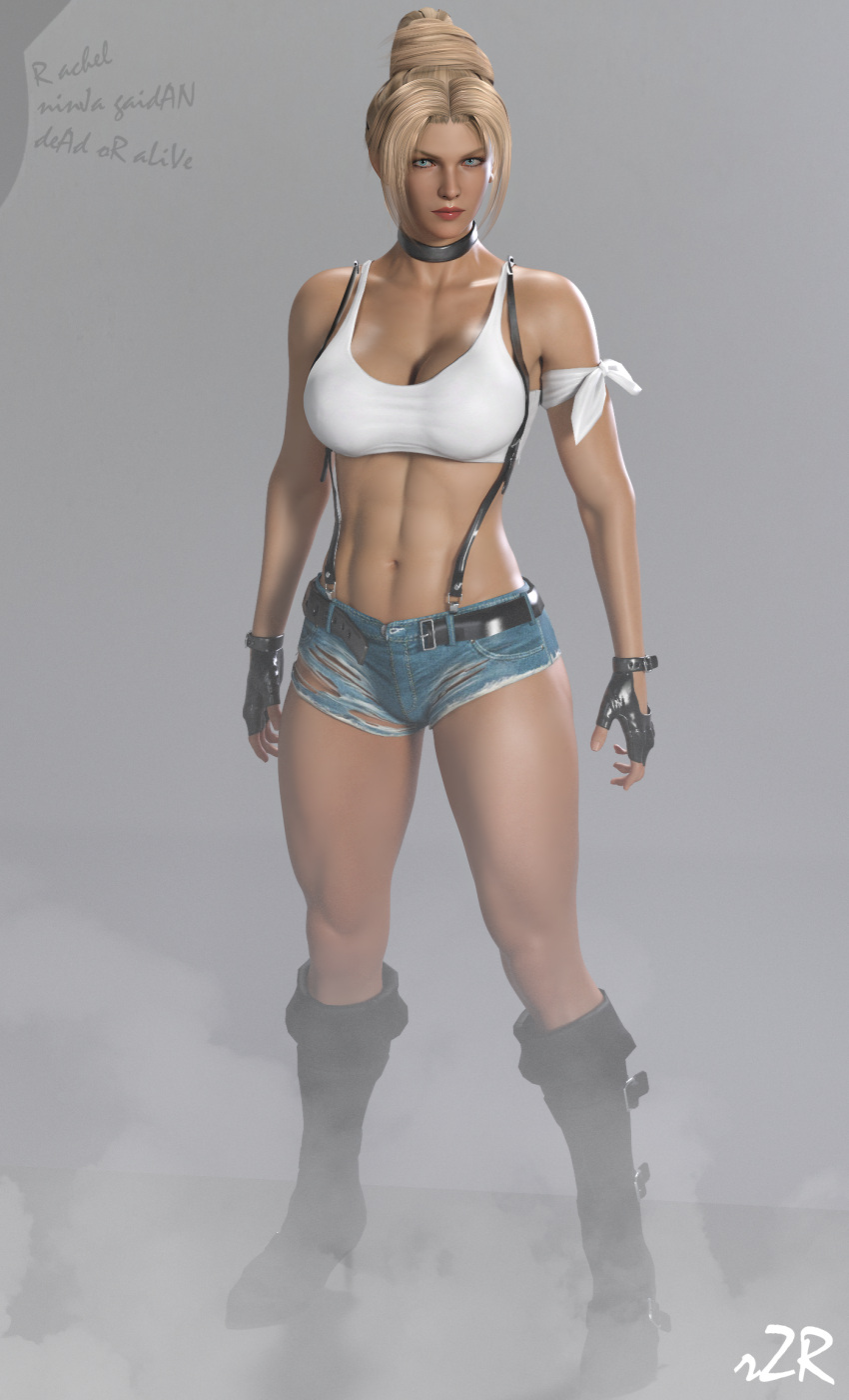 1girls 3d abs alternate_costume alternate_hairstyle artist_request big_breasts biker_shorts blonde_hair blue_eyes boots cleavage daisy_dukes dead_or_alive eyes female female_only fingerless_gloves huge_breasts light-skinned_female light_skin ninja_gaiden ponytail rachel_(ninja_gaiden) standing thick thick_thighs tied_hair