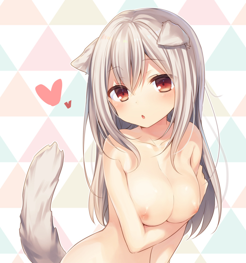 :o animal_ears areolae bangs bare_shoulders blush breast_hold breasts chestnut_mouth collarbone dog_ears dog_tail eyebrows_visible_through_hair female hair_between_eyes heart highres komeshiro_kasu large_breasts leaning_forward long_hair looking_at_viewer nipples nude open_mouth original red_eyes silver_hair solo tail upper_body