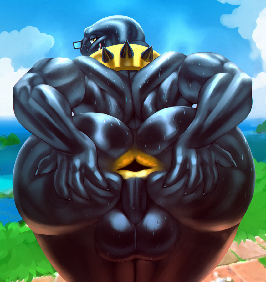 1boy anthro anthro_only anus anus_focus ass ass_focus backsack balls big_anus chain_chomp gay hi_res humanoid inviting klent looking_at_viewer looking_back male male_only mario_(series) metal nintendo presenting presenting_ass presenting_butt smirk solo solo_focus sweat