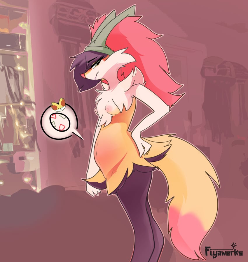 absurd_res beanie bedroom belly braixen clothing egg fan_character fiya generation_6_pokemon hair hand_on_hip hat headgear headwear hi_res nintendo original_character pokemon pokemon_(species) pregnant rule_63