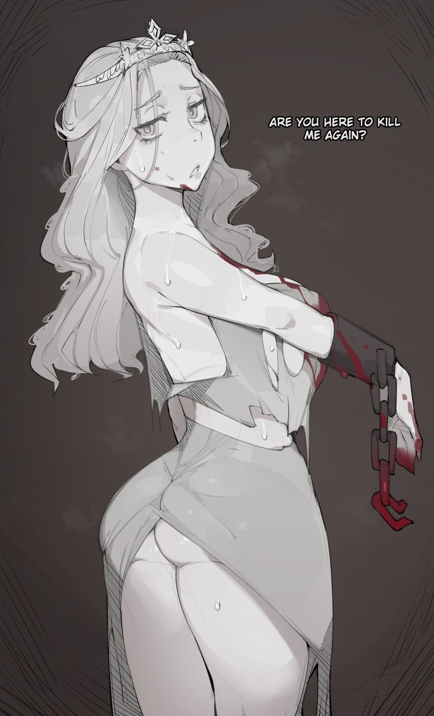 1girls ass blood bobtheneet broken_chain chains dress english_text large_breasts long_hair looking_at_viewer looking_back monochrome off_shoulder princess_(slay_the_princess) shackles slay_the_princess solo solo_female sweatdrop sweaty tiara torn_clothes