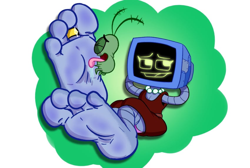 1boy 1girls 2d baggy_(artist) copepod dress feet female foot_fetish hands_behind_own_head humanoid karen_plankton licking licking_feet looking_away lying_on_back monitor_head penis robot robot_girl robot_humanoid screen_face sheldon_j._plankton size_difference small_balls small_penis spongebob_squarepants