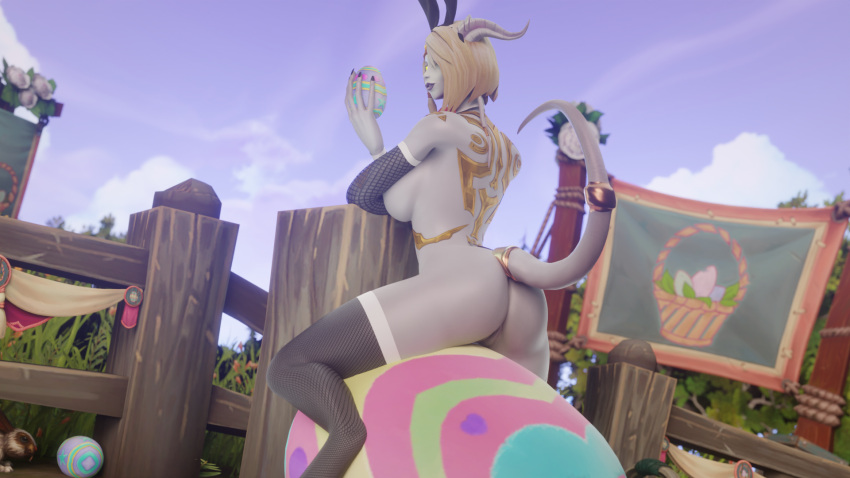 3d blonde_hair bunny_ears bunny_girl celne draenei easter egg fishnets golden_eyes holding_egg horns lightforged_draenei looking_at_viewer morilymory stockings tail world_of_warcraft