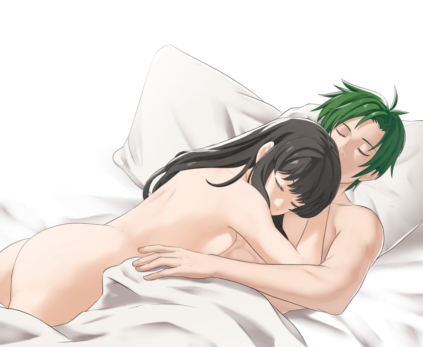 1boy 1girls after_sex ass astrid_(fire_emblem) bed bed_sheet big_ass black_hair breast_press breasts closed_eyes commission completely_nude cuddling female fire_emblem fire_emblem:_radiant_dawn green_hair higher_resolution_duplicate highres hug long_hair male medium_breasts nintendo nude pillow pomelomelon sleeping sothe_(fire_emblem) wholesome