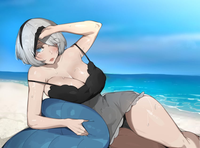 armpit_crease beach blue_eyes bobtheneet laying_down nier:_automata sweat sweatdrop white_hair yorha_2b