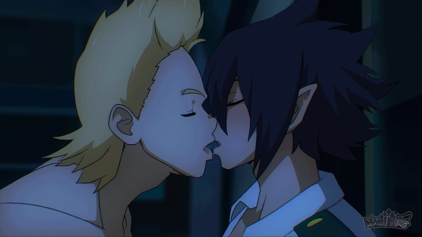 2boys amajiki_tamaki animated black_hair blonde_hair blush closed_eyes french_kiss french_kissing gay gif kissing lemillion male male_focus maoh_king mirio_togata multiple_males my_hero_academia pointed_ears shirtless shounen_jump suneater tagme tamaki_amajiki togata_mirio tongue_kiss yaoi