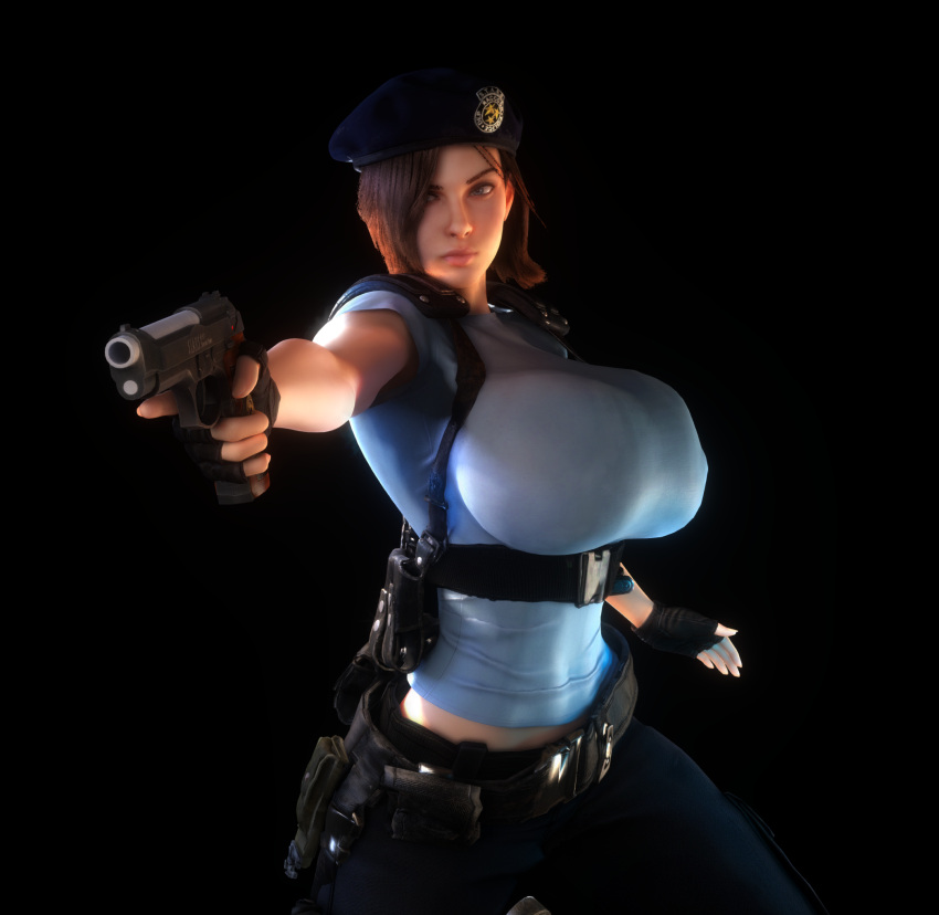 1girls 3d 3d_(artwork) alternate_breast_size breasts_bigger_than_head clothed clothed_female female female_only female_solo gigantic_breasts gun hat holding_gun holding_object holding_weapon huge_breasts human human_female human_only jill_valentine pistol resident_evil resident_evil_3 solo solo_female top_heavy top_heavy_breasts vaako weapon