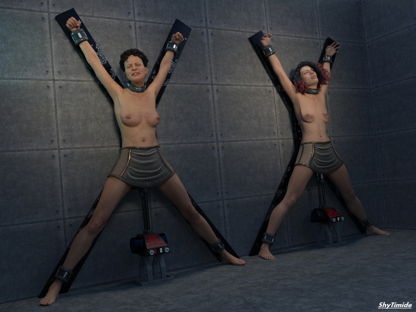 2girls 3d ankle_cuffs barefoot bondage bound bound_ankles bound_wrists breasts collar cuffs female femsub fucking_machine multiple_girls multiple_subs saint_andrew's_cross sex_machine shytimide spread_eagle topless topless_female wrist_cuffs x_frame