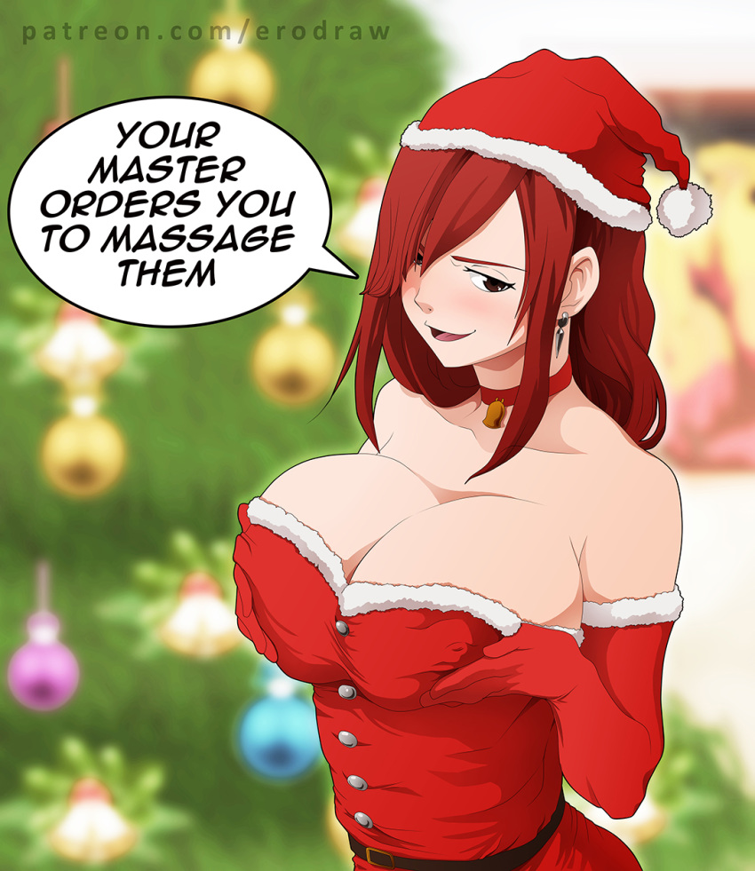 1girls 2016 bare_shoulders bell big_breasts blush breasts brown_eyes christmas christmas_tree collar costume earrings elbow_gloves english_text erodraw erza_scarlet eyebrows eyelashes fairy_tail female female_only hair_over_one_eye highres human large_breasts long_hair looking_at_viewer nose open_mouth presenting red_hair santa_hat shiny shiny_skin solo text tongue upper_body