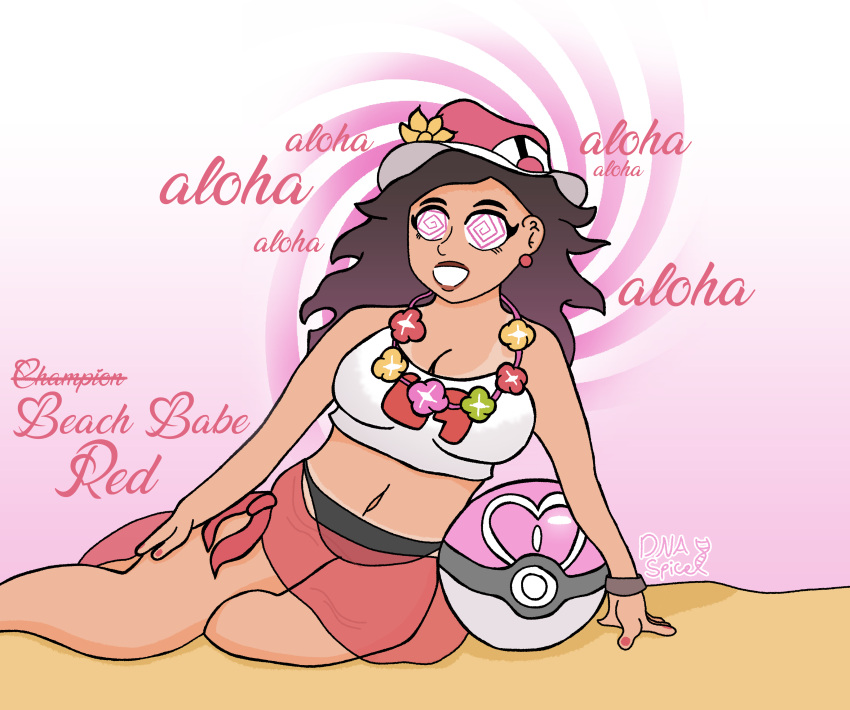 1girls absurdres alternate_hair_color beach bimbofication bracelet breasts brown_hair dnaspice dress earrings eyelashes feminization femsub gradient_background hat lipstick nail_polish navel necklace nintendo pink_eyes pokeball pokemon pokemon_rgby pokemon_sm red_(pokemon) rule_63 smile spiral spiral_eyes tan_lines tan_skin text thighs transformation underwear