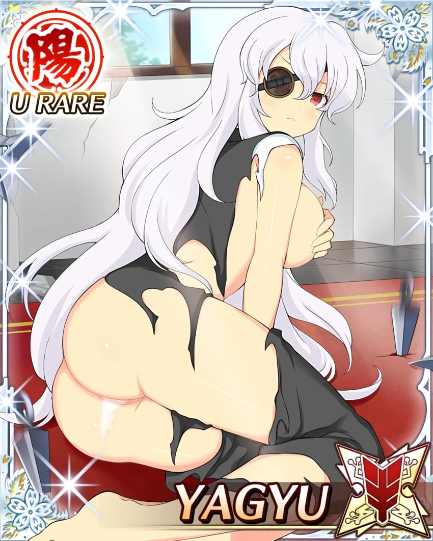 after_sex ass breasts card_(medium) character_name cum cum_in_pussy embarrassed eye_patch female kunai large_breasts long_hair looking_at_viewer photoshop pussy red_eyes senran_kagura senran_kagura_new_wave shuriken solo torn_clothes white_hair yaegashi_nan yagyuu_(senran_kagura)