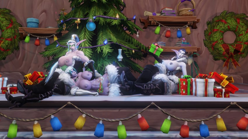 3d 3girls blizzard_entertainment blue_hair christmas female green_hair groping groping_breasts maiev_shadowsong muscular_female night_elf nipple_piercing purple_skin shandris_feathermoon tyrande_whisperwind warcraft white_hair winter_veil world_of_warcraft zeratul101286