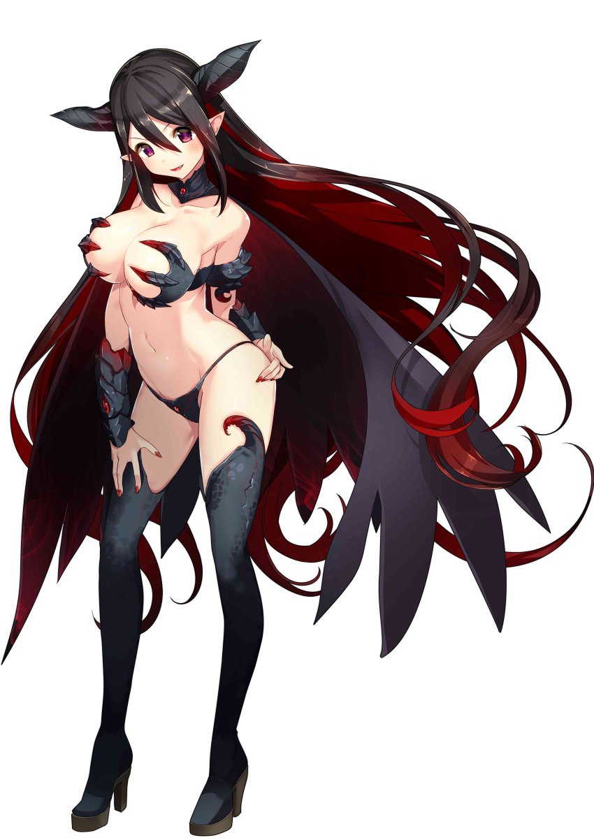 >:) absurdres armor bare_shoulders bikini bikini_armor black_bikini black_footwear black_hair black_thighhighs blush boots breasts bridgeless_bra cape cleavage collarbone demon_girl demon_horns female full_body hair_between_eyes hand_on_own_hip hand_on_own_thigh high_heel_boots high_heels highleg highleg_bikini highres horns large_breasts long_hair looking_at_viewer maoujou_no_chef multicolored_hair nail_polish navel official_art parted_lips pointy_ears red_eyes red_hair red_nails revealing_clothes sidelocks simple_background smile solo stomach swimsuit thigh_boots thighhighs two-tone_hair v-shaped_eyebrows vambraces very_long_hair white_background yamacchi