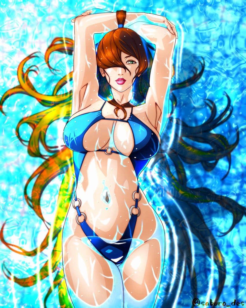 1girls arms_up big_breasts bikini breasts brown_hair female female_only floating green_eyes in_water legs_together lipstick lying_down lying_on_back lying_on_water magazine_cover mature mature_female mei_terumi mizukage naruto naruto_(series) naruto_shippuden one-piece_swimsuit saburo_des solo solo_focus swimsuit text very_long_hair water wet wet_hair wet_skin