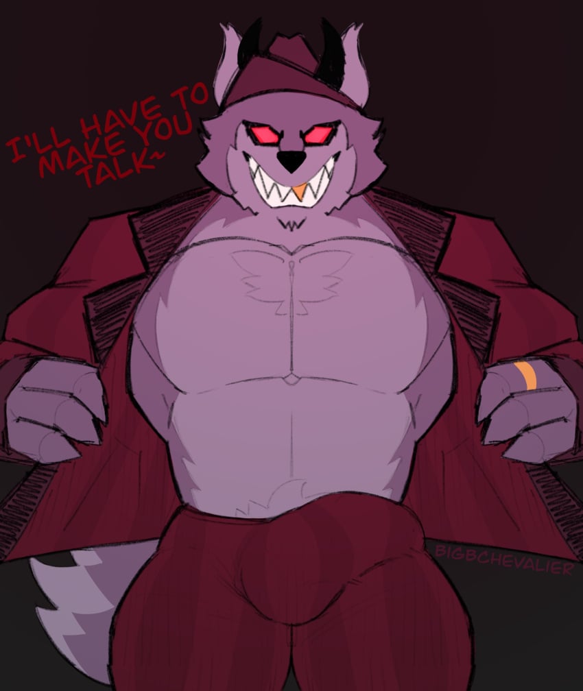 anthro balls beetleart big_bulge bigbchevalier bulge canine erection fedora grey_fur hazbin_hotel hellhound male male_only muscular muscular_male nameless_character open_clothes open_shirt pants pecs red_eyes ring sharp_teeth top_hat undressing unknown_character wolf