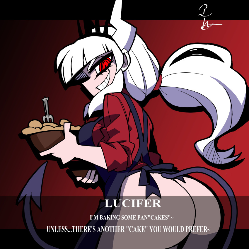 apron ass ass_focus bubble_butt demon demon_girl demon_horns devil_tail helltaker horns huge_ass long_hair looking_at_viewer looking_back lucifer_(helltaker) no_panties ponytail red_eyes smile tail teasing text thieviusa tiara white_hair