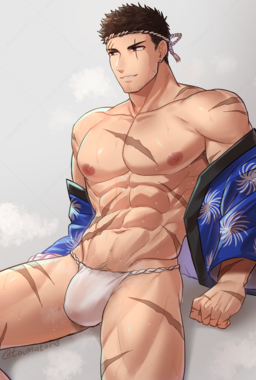 1boy bara blush bulge fundoshi hachimaki male male_nipples male_only muscular_male nipples penis_outline sweat sweating toumator18 underwear