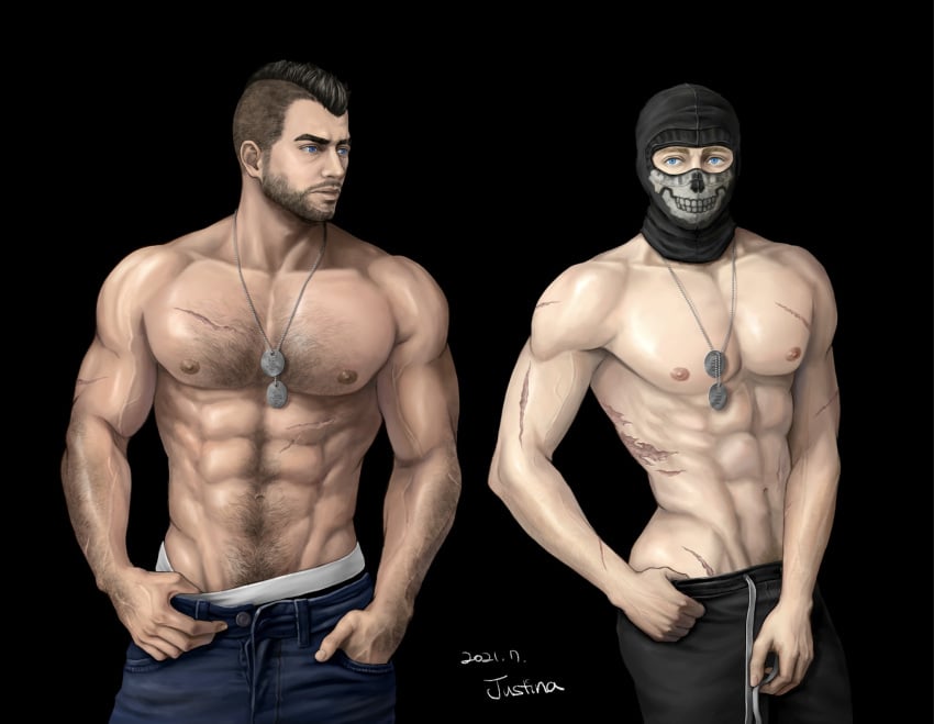 2boys abs balaclava bara bara_tiddies bara_tits barazoku biceps blonde_hair blue_eyes brown_hair brown_nipples call_of_duty call_of_duty:_modern_warfare_2 call_of_duty_modern_warfare_2 digital_painting_(artwork) dogtag hairy hairy_chest happy_trail hunk jeans john_mactavish justina_gss light_skin male/male male_focus male_only masked mohawk muscles muscular muscular_male no_visible_genitalia pecs pink_nipples pinup scar_across_eye scar_on_face scars shirtless shirtless_male simon_riley six_pack stubble suggestive tan_skin yaoi