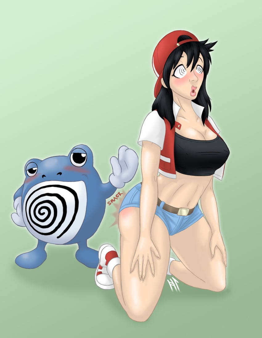 absurdres black_hair blush breasts dazed femsub hat hypnolion jacket kneeling large_breasts long_hair midriff nintendo pokemon pokemon_(species) pokemon_adventures pokemon_rgby pokemon_trainer poliwhirl red_(pokemon) rule_63 short_shorts smirk smug spanking spiral_eyes symbol_in_eyes