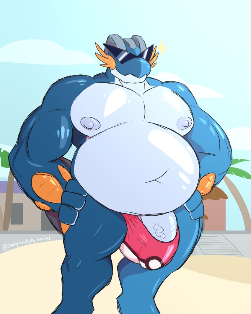 1boy 2023 4_fingers amphibian anthro aosoph_(sophymn) beach belly biceps blue_body bulge clothed clothing digital_media_(artwork) digitigrade erection erection_under_clothing eyewear fingers generation_3_pokemon generation_6_pokemon genitals glistening glistening_body half-erect hi_res humanoid_genitalia humanoid_penis kamina_shades male male_focus male_only mega_evolution mega_swampert multicolored_body musclegut muscular muscular_anthro muscular_male navel nintendo nipples outside overweight pecs penis pokemon pokemon_(species) sand seaside simple_background sky smile solo solo_male sophymn sophymn_(character) speedo speedo_only sunglasses swampert swimwear tail tenting thick_thighs topless two_tone_body vein veiny_penis white_nipples white_penis