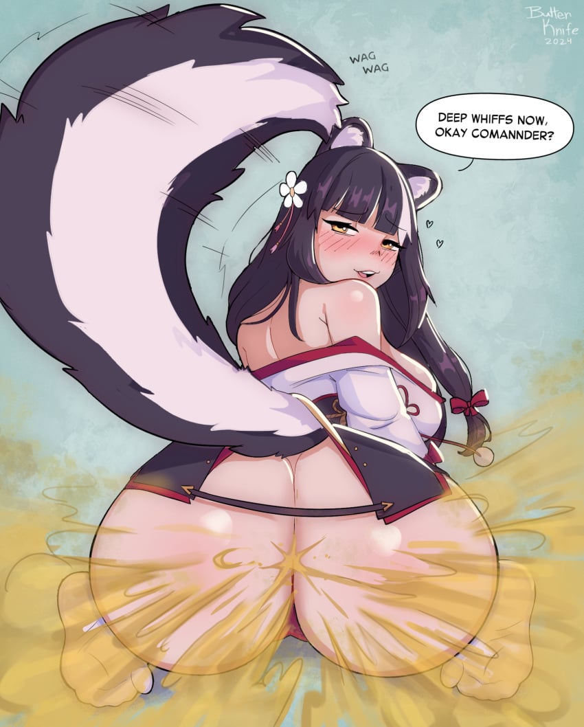 1girls animal_ears ass azur_lane big_ass big_breasts black_hair breasts butterknife742 commission commissioner_upload english_text fart fart_cloud fart_fetish farting farting_at_viewer feet female female_focus female_only flower flower_in_hair hair_ribbon heart long_hair looking_at_viewer looking_back mostly_clothed naganami_(azur_lane) no_panties ribbon sakura_empire_(azur_lane) sideboob simple_background skunk skunk_ears skunk_girl skunk_tail smile socks soles strapless striped_tail tail text text_bubble wagging_tail yellow_eyes