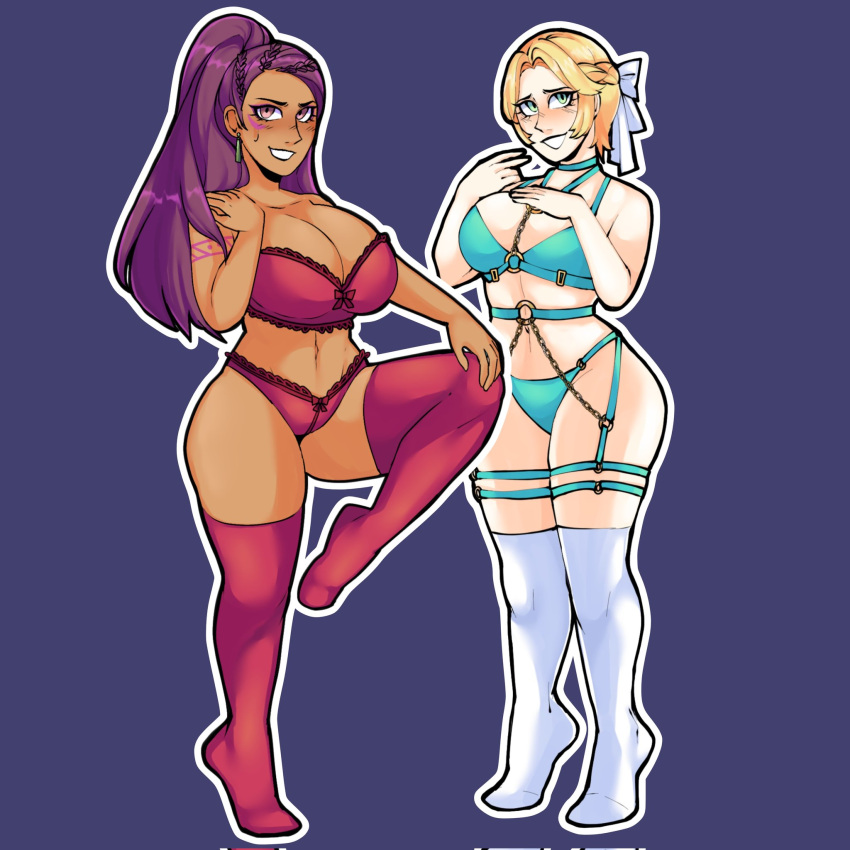 2girls arm_tattoo bare_thighs blonde_hair bluueygooey bra braid cleavage crown_braid dark-skinned_female dark_skin earrings facial_mark facial_tattoo female female_only fire_emblem fire_emblem:_three_houses full_body green_eyes green_panties grin hand_on_own_chest huge_breasts ingrid_brandl_galatea large_breasts leg_up multiple_girls nintendo panties petra_macneary pink_eyes ponytail purple_hair red_panties short_hair smile tattoo thighhighs thighs underwear