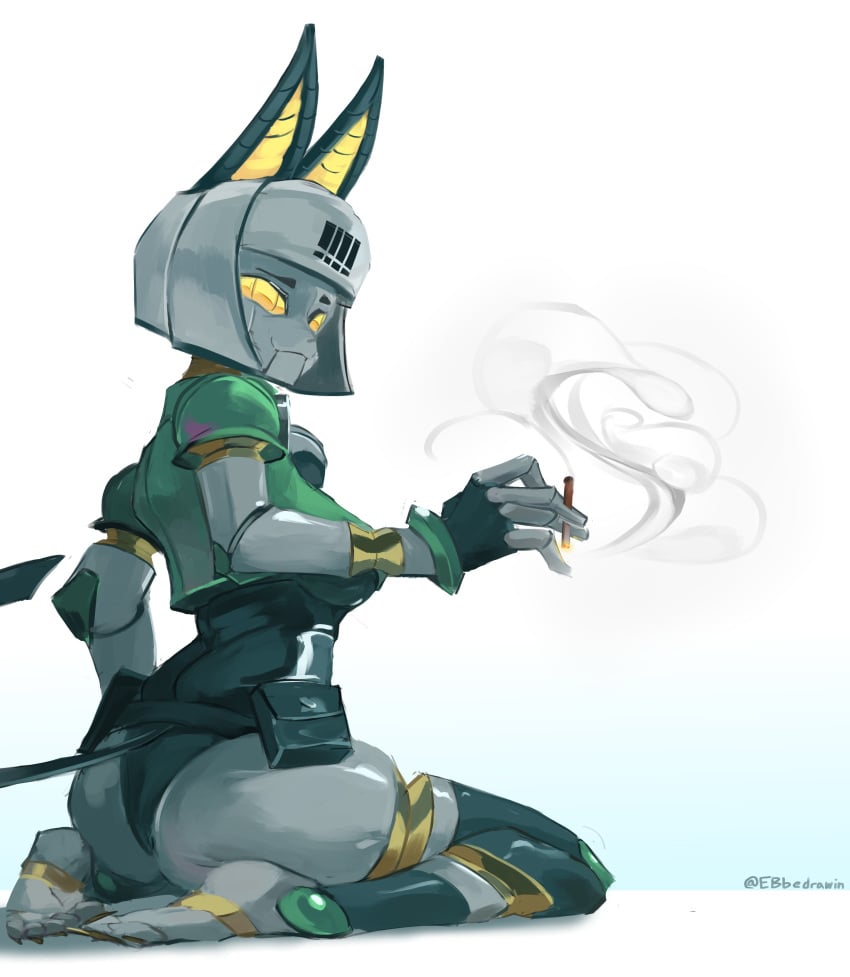 ass cat_ears cigarette ebbedrawin female grey_hair robo-fortune robot short_hair simple_background skullgirls video_games white_background yellow_eyes