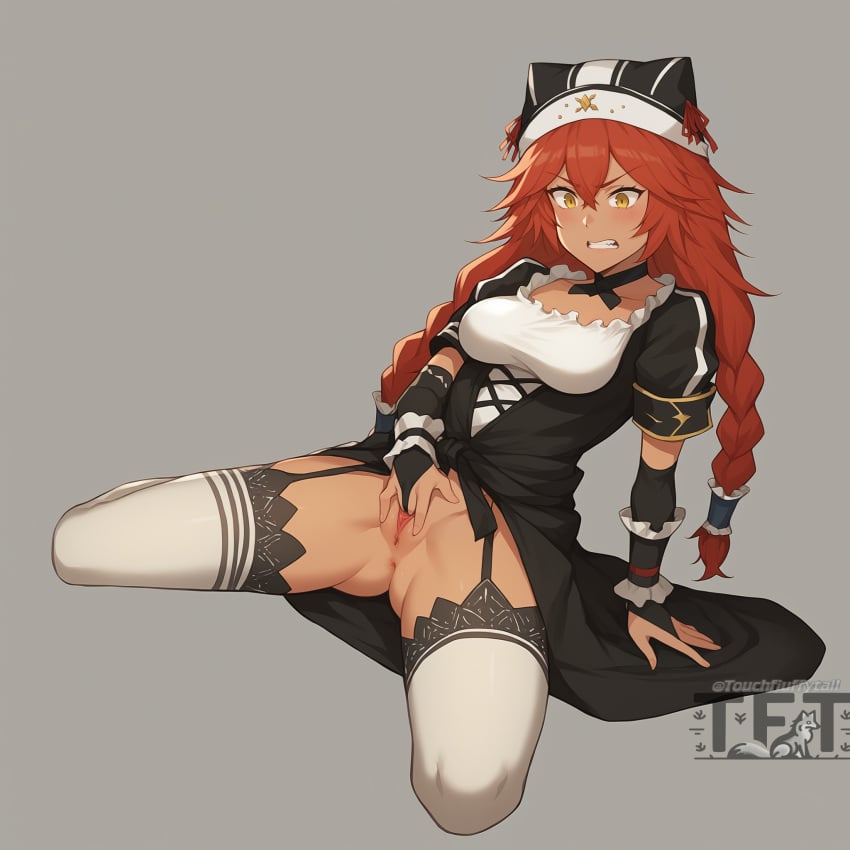 1girls ai_generated dress female_masturbation fingering lupusregina_beta maid masturbation no_panties overlord_(maruyama) stockings touchfluffytails wolf_ears wolf_girl