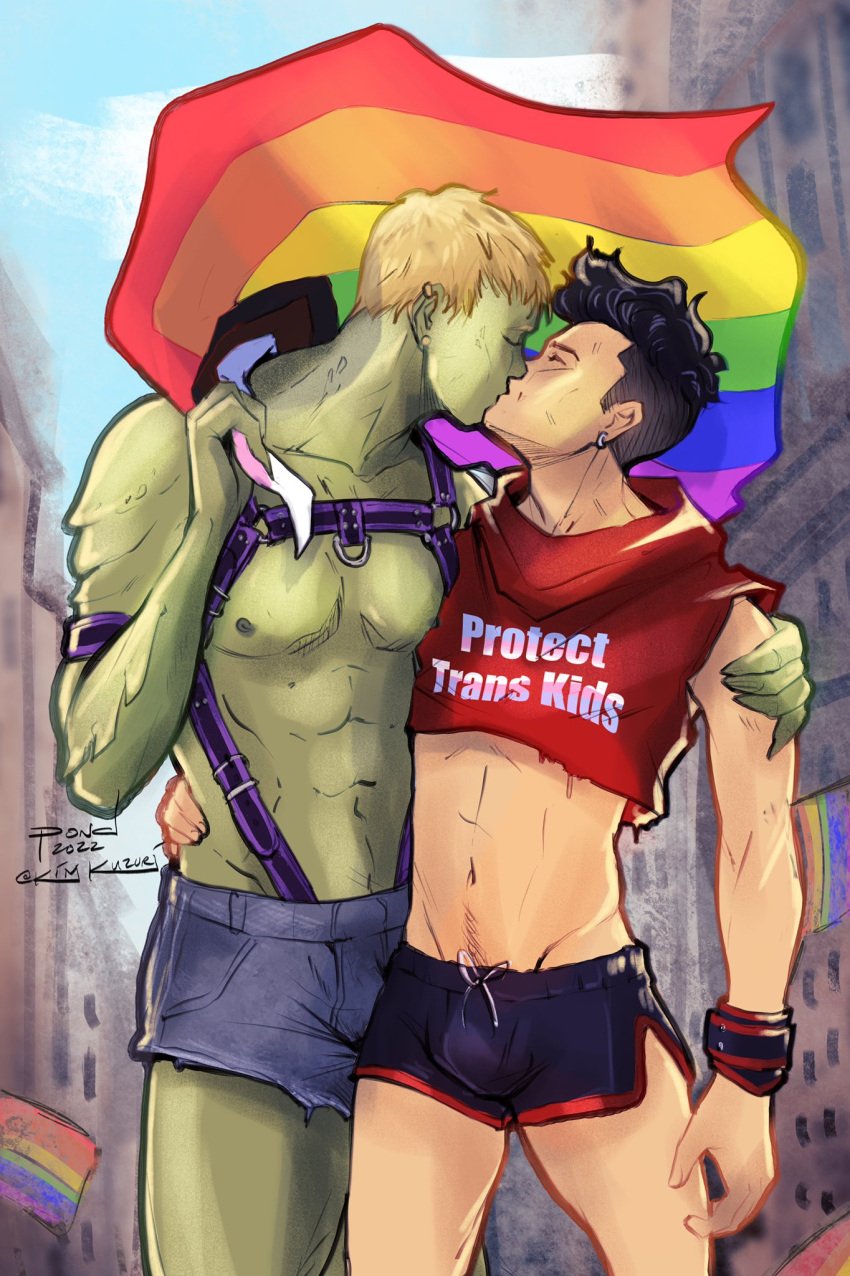 2boys abs alien alien_humanoid bara biceps billy_kaplan black_hair blonde_hair bracelet canon_couple closed_eyes couple cropped_hoodie cute dark_hair day daylight earrings gay gay_couple gay_male green_body green_skin holding_partner hulkling jewelry kissing leather_straps light_skin loving_couple loving_embrace male male/male male_only marvel marvel_comics muscular muscular_male nipples outdoors pecs ponderosa pride pride_color_flag pride_colors pride_flag romantic romantic_couple shorts teddy_altman transgender_pride_colors wholesome wiccan wizard yaoi