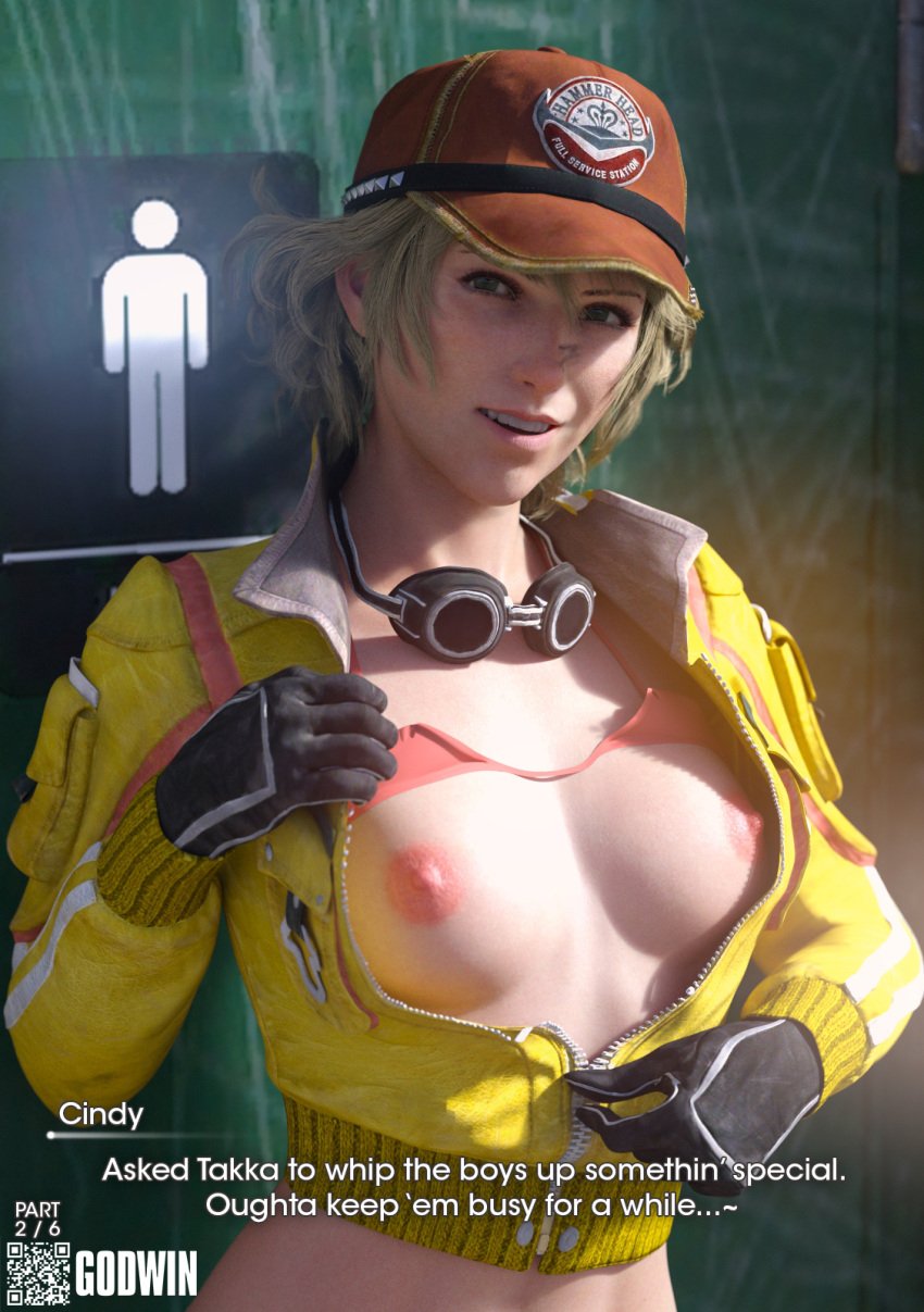 1girls abdomen bathroom belly belly_button blonde_hair bra bra_lift breasts caption cindy_aurum facing_viewer final_fantasy final_fantasy_xv flashing flashing_breasts gloves godwin goggles goggles_around_neck green_eyes hat jacket jacket_open looking_at_viewer mechanic neroxliv nipples open_clothes pale_skin realistic revealing_breasts small_breasts solo subtitled talking tomboy white_skin