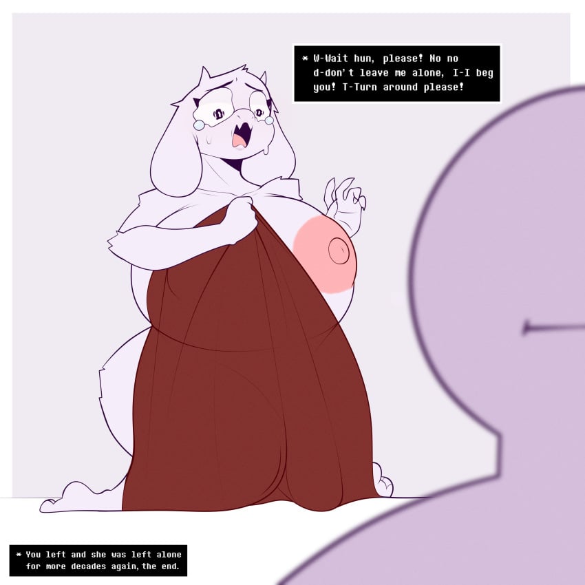 1boy 1girl 1girls areola areolae big_ass big_breasts blanket blush breasts coffilatte_(artist) crying dialogue dialogue_box fat_ass female furry get_owned goat_mom holding holding_object holding_sheet huge_areola huge_areolae huge_breasts male milf nipples pink_areola stupid_idiot tagme tears text toriel undertale undertale_(series) voluptuous voluptuous_female