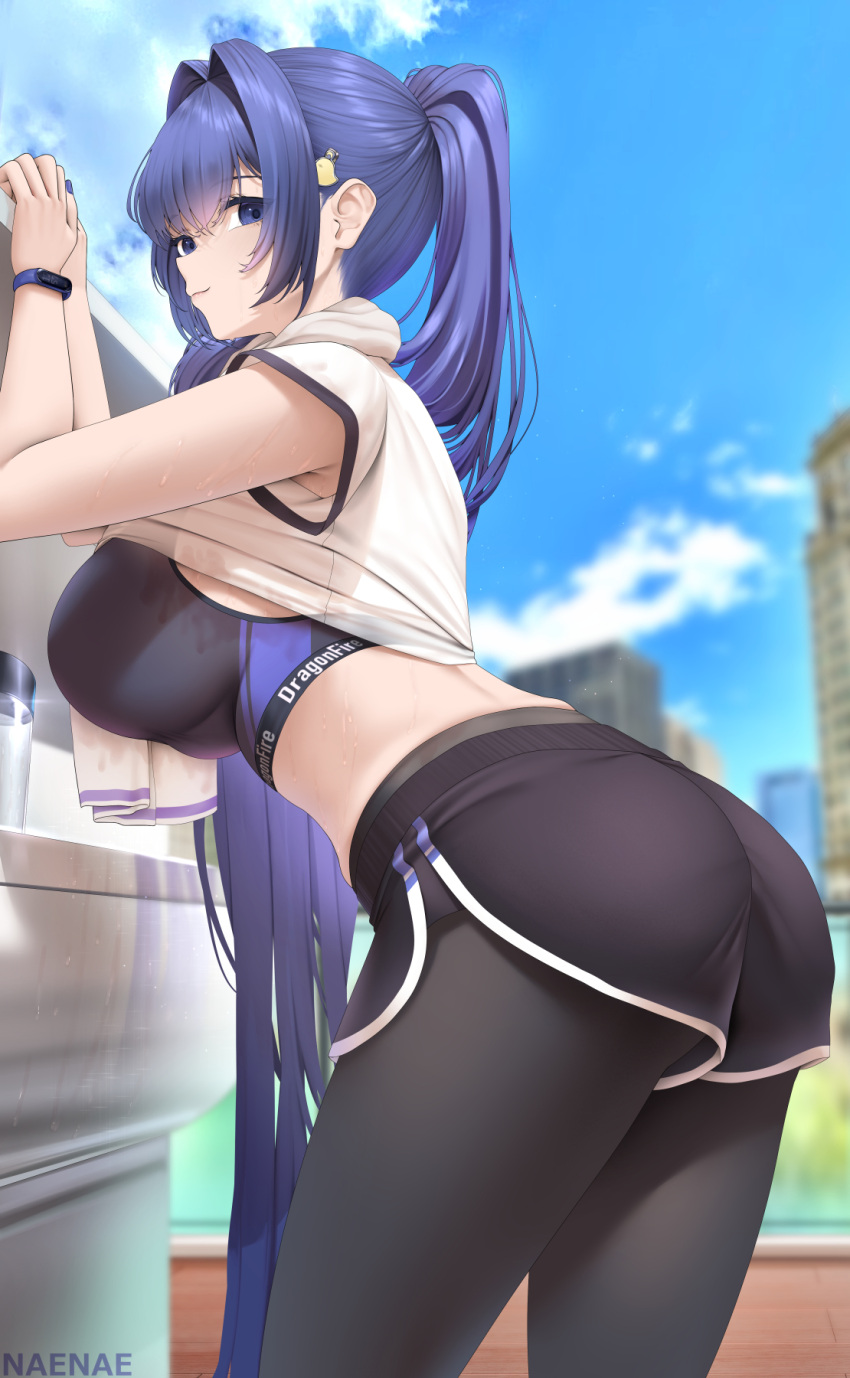 1girls ass azur_lane blue_eyes blue_hair breasts eagle_union_(azur_lane) female fouriasensei large_ass large_breasts light-skinned_female light_skin long_hair long_ponytail naughty_face new_jersey_(azur_lane) outdoors ponytail short_shorts shorts smile sports_bra sportswear thighs