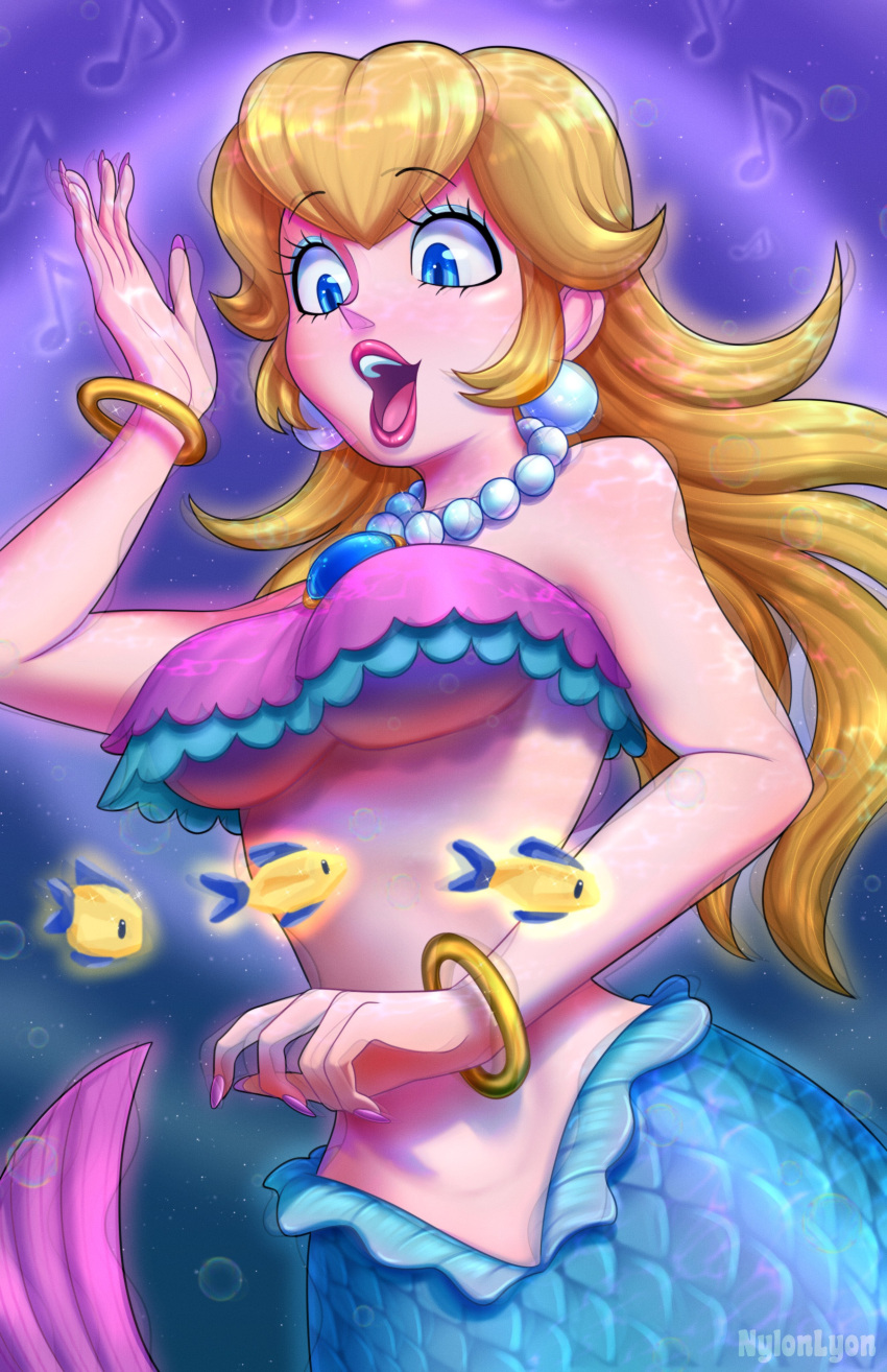 1girls 2024 blonde_hair blue_eyes bracelet breasts earrings eyeliner female fish fish_tail hi_res jewelry lips long_hair mario_(series) mermaid mermaid_peach midriff musical_note nylonlyon princess_peach princess_peach:_showtime! scales underboob underwater