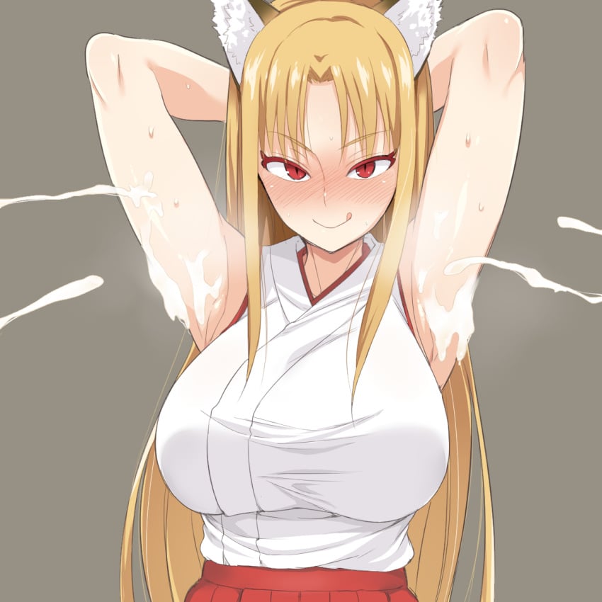 animal_ears armpits arms_behind_head big_breasts blonde_hair blush breasts clothed_female cum cum_on_armpits eyebrows_visible_through_hair female fox_ears grey_background highres large_breasts long_hair looking_at_viewer migchip original projectile_cum red_eyes slit_pupils solo sweat