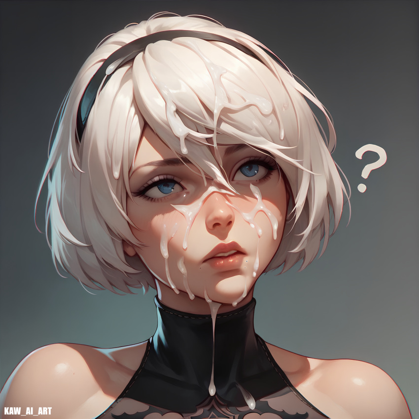 1girls ai_generated blue_eyes cum cum_drip cum_on_face cum_on_hair female female_only kawaiart light-skinned_female nier:_automata portrait question_mark short_hair simple_background solo solo_female white_hair yorha_2b