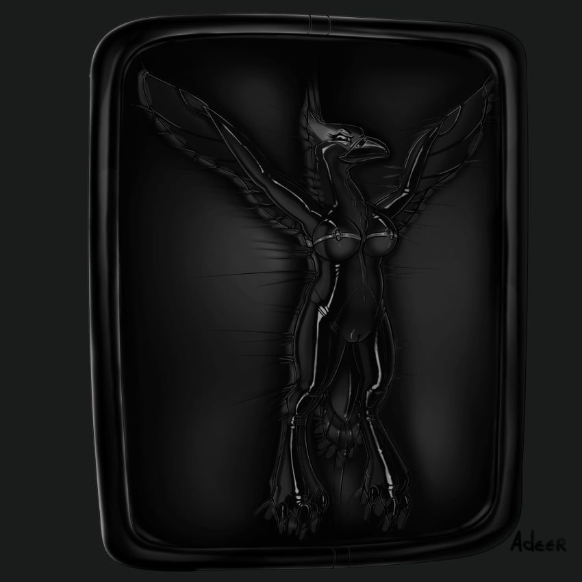 2023 3_toes adeer anthro avian beak biped bird bodysuit bondage bound breasts claws clothing digitigrade encasement eyelashes feathered_tail feathers feet female frown fully_bound genitals gimp_suit glistening glistening_bodysuit glistening_clothing glistening_skinsuit greyscale hi_res latex latex_bodysuit latex_clothing latex_skinsuit looking_at_viewer male medium_breasts monochrome navel nipple_vibrator non-mammal_breasts non-mammal_pussy pussy sex_toy skinsuit solo spread_arms tail tight_clothing toe_claws toes vacuum_bed vibrator winged_arms wings