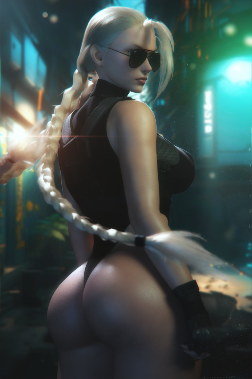 1girls 2xp_studios 3d 3d_(artwork) ass aviator_sunglasses blonde_hair blurry_background braided_hair breasts cammy_white capcom detailed_background female female_focus female_only hi_res high_resolution highres large_ass large_breasts leotard long_braid pizz3d solo solo_female solo_focus street_fighter sunglasses tinted_eyewear