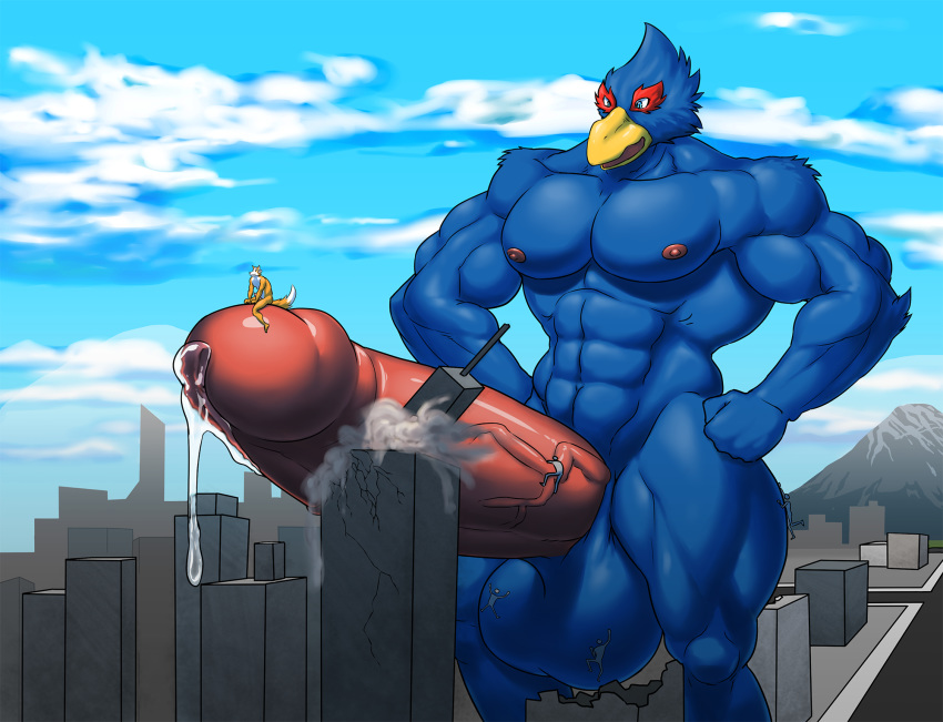 anthro avian balls big_balls big_muscles big_penis bird canine city destruction erection falco_lombardi fox fox_mccloud macro male male_only mammal muscular nintendo penis penis_riding precum star_fox video_games ws