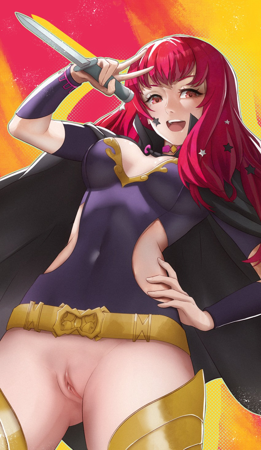 clothing dagger fire_emblem fire_emblem_engage knife medium_breasts nintendo pomelomelon pussy red_eyes red_hair smile yunaka_(fire_emblem)