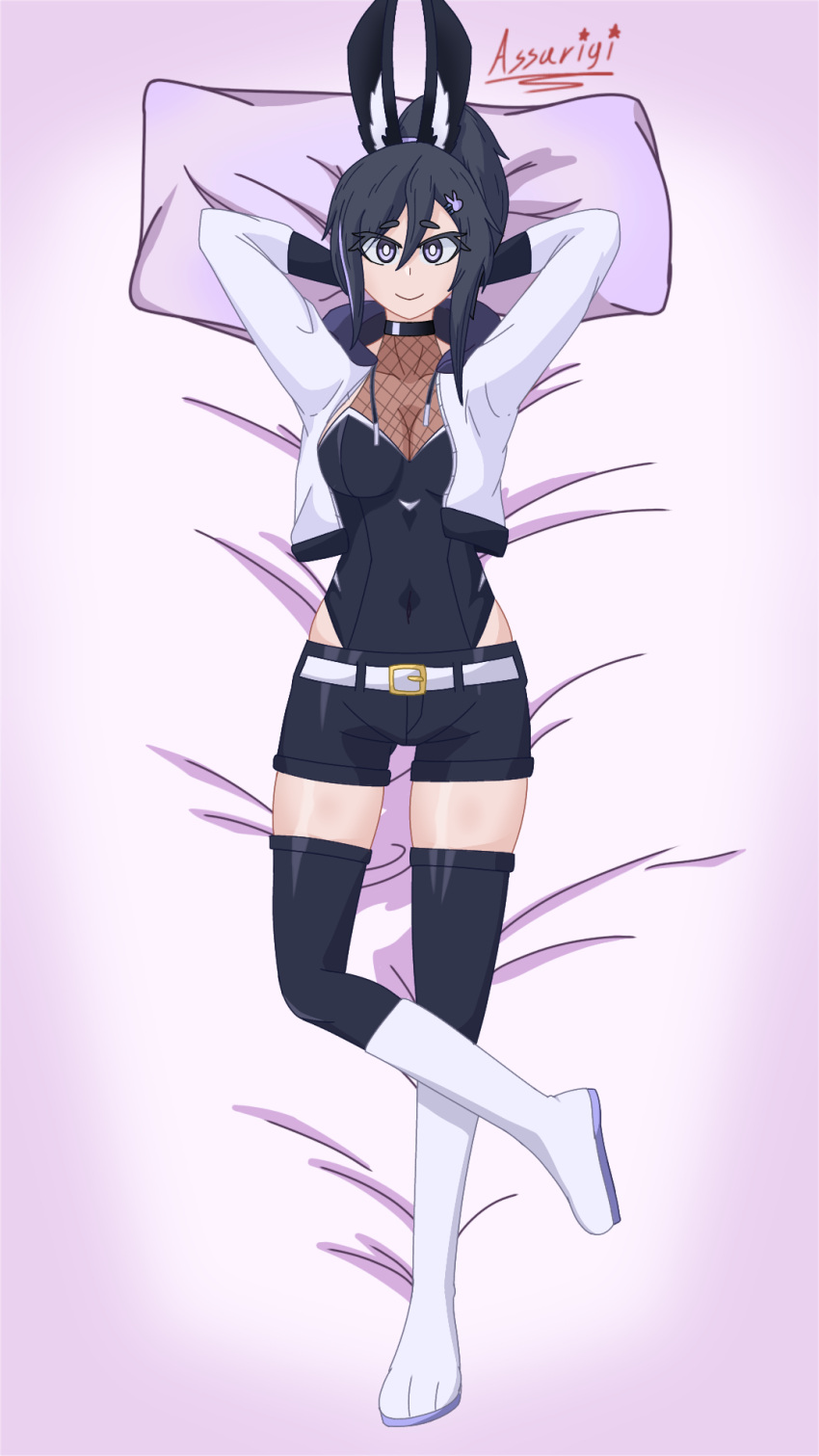 1girls 2d 2d_(artwork) assa_(assarigi) assarigi bed big_eyes black_hair black_stockings boots bunny_ears bunny_girl bunnysuit charm choker dark_hair easter humanoid original original_character original_characters purple_eyes smile solo solo_female solo_focus stockings white_boots white_clothing