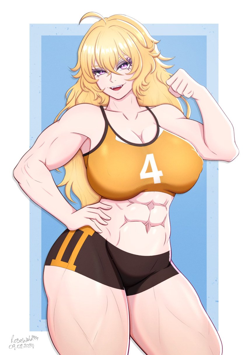 1girls abs big_breasts black_shorts blonde_hair boob_window cleavage female flexing_bicep gym_uniform hand_on_hip large_breasts long_hair midriff muscular muscular_female navel purple_eyes rosewald1929 rwby solo sports_bra sports_shorts teenage_girl teenager thick_thighs wide_hips yang_xiao_long yellow_sports_bra