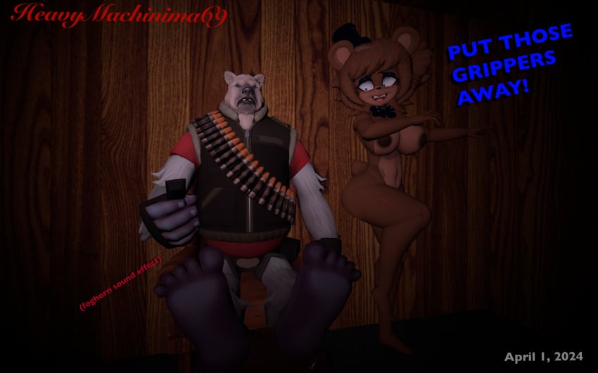 3d 3d_(artwork) barefoot bear cally3d clazzey clothed_male clothed_male_nude_female cryptiacurves fazclaire's_nightclub five_nights_at_freddy's freddy_(fnaf) fredina's_nightclub fredina_(cally3d) frenni_(cryptia) frenni_fazclaire furry heavy_weapons_guy heavymachinima69 horrified large_breasts nude nude_female scottgames team_fortress_2 terrified tv_remote ursid