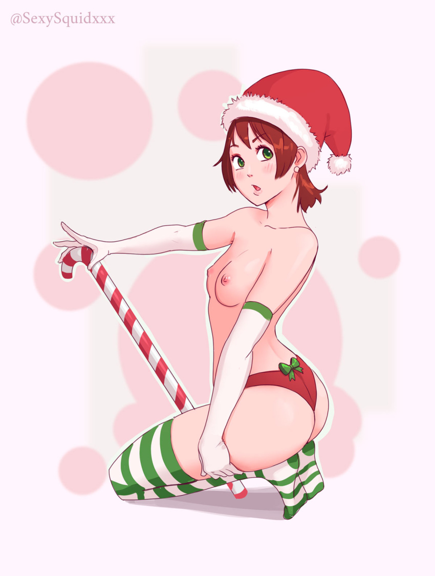 2019 ass blush breasts candy_cane character_request christmas copyright_request female female_focus female_only green_eyes long_gloves nipples panties pink_background red_hair red_panties santa_hat sexysquidxxx short_hair small_breasts thighhighs thighs